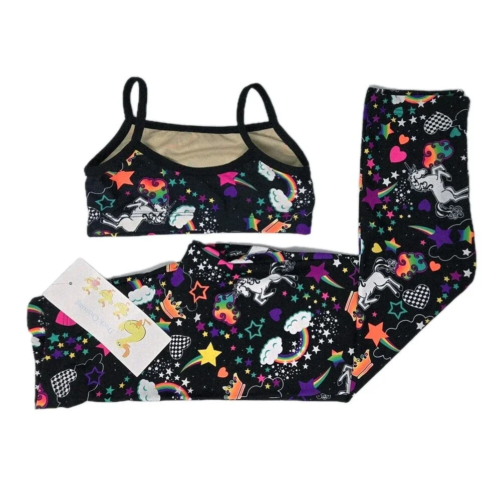 Duck Crossing VTG 90s Girls Neon Unicorn Party Dance Legging & Top Set Size S
